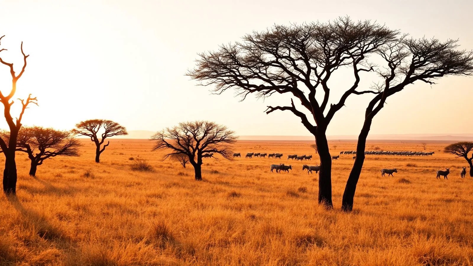 Acacia trees and grazing herds on the golden Serengeti plains of Tanzania at sunrise