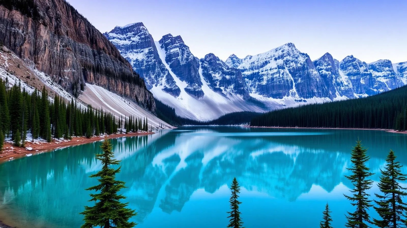 A turquoise glacial lake below snow-capped Rocky Mountain peaks in Banff National Park, Canada