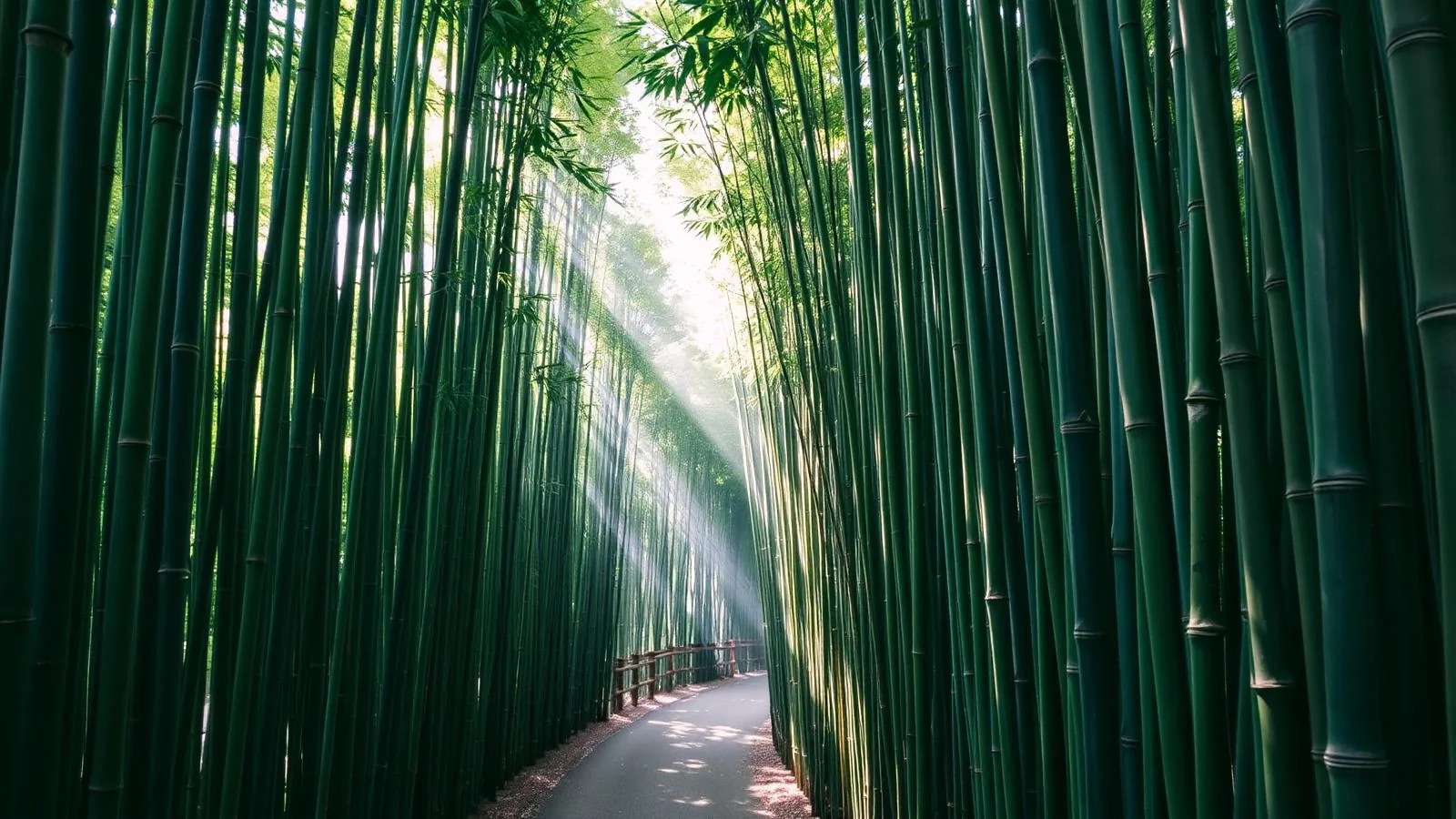 Sunlight filtering through the tall bamboo of the Arashiyama grove in Kyoto, Japan