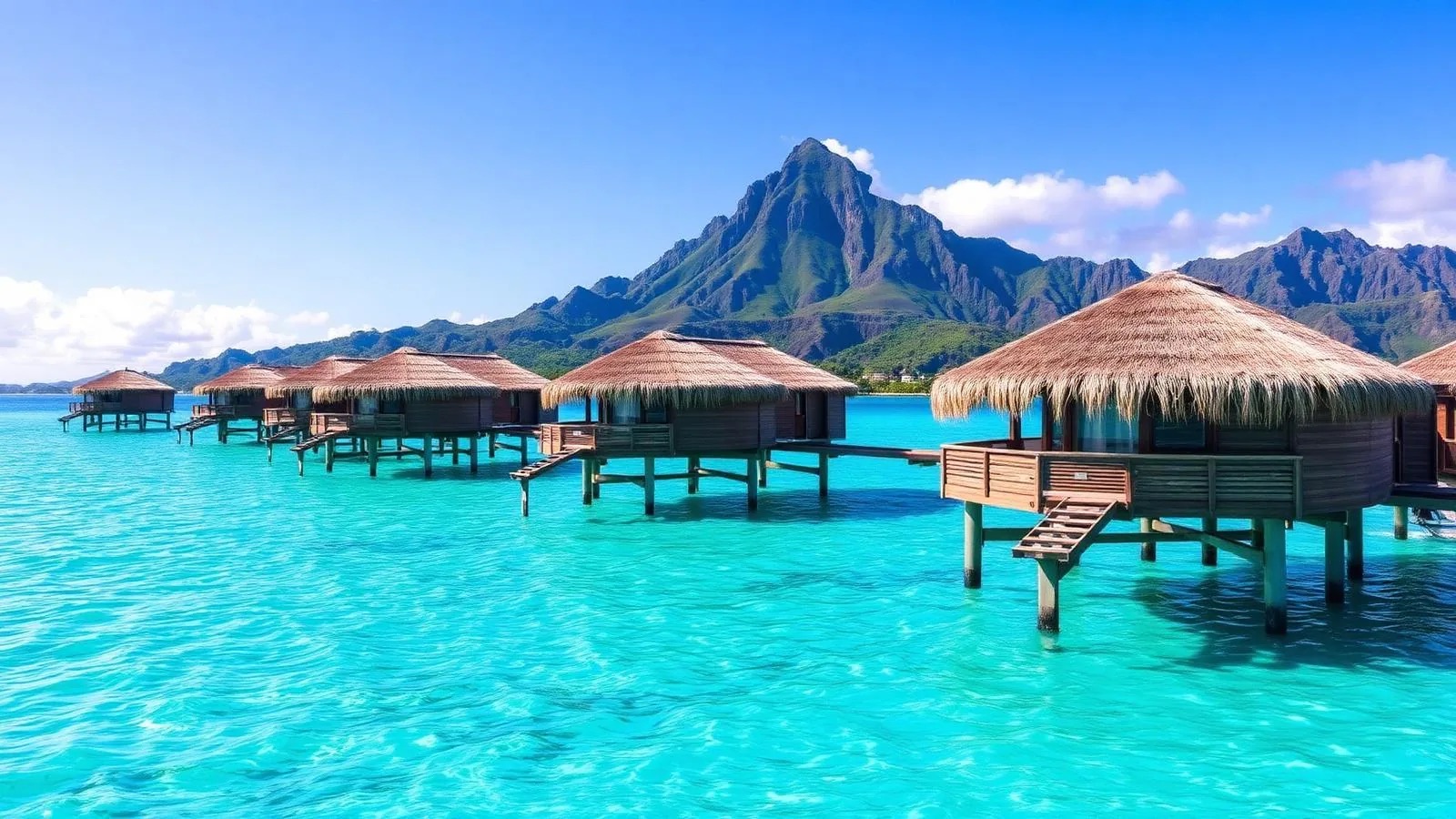 Overwater bungalows on the turquoise lagoon of Bora Bora with the island's volcanic peak behind