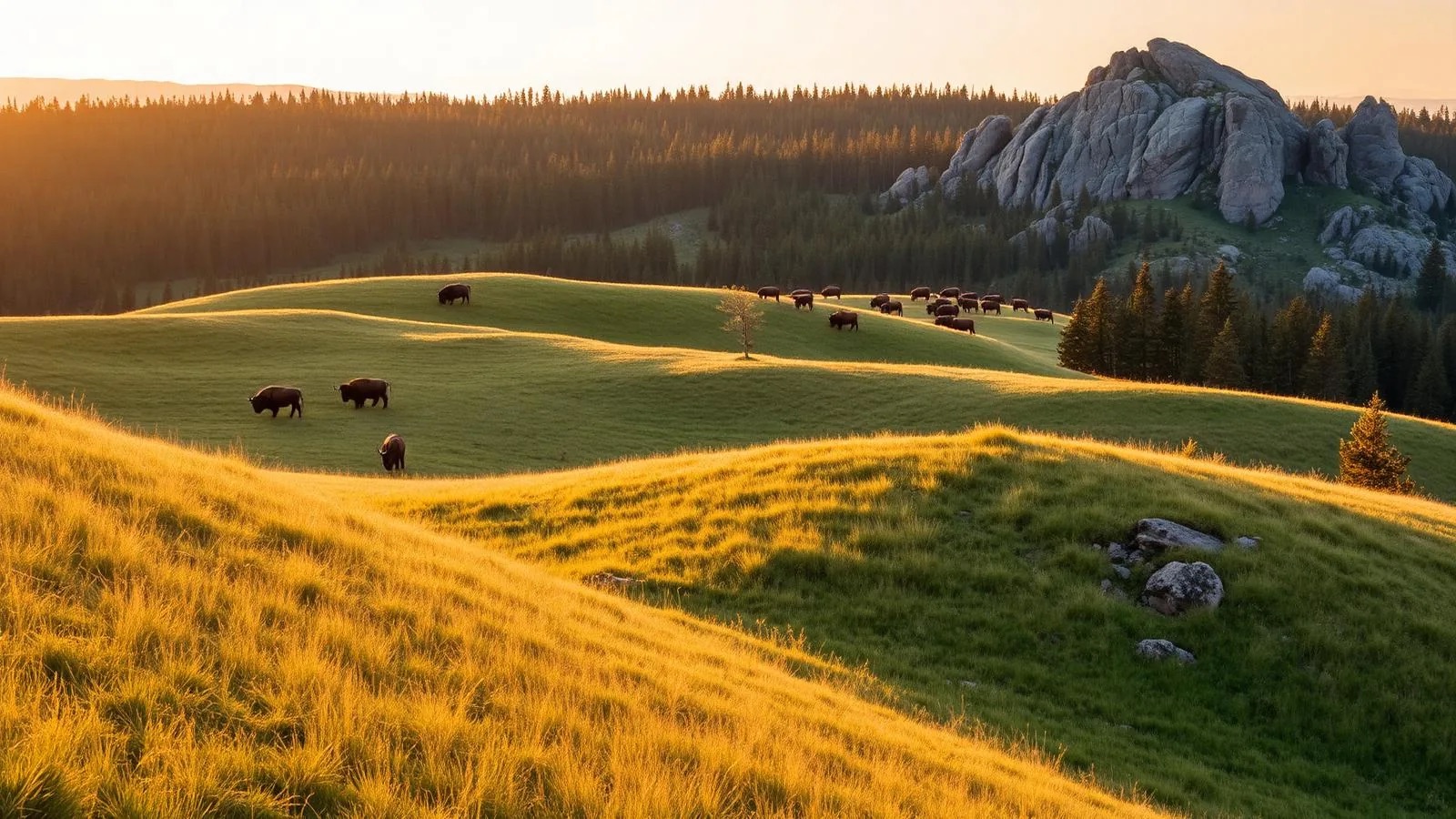 Bison grazing on rolling grassland below granite outcrops and pine forest in Custer State Park, South Dakota