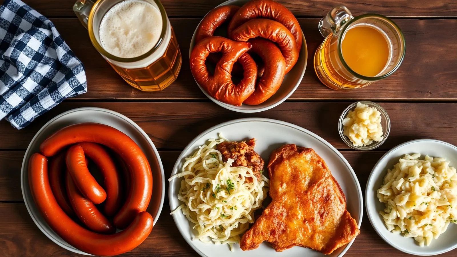 A rustic table spread of traditional German food including bratwurst, pretzels, schnitzel, spaetzle and beer