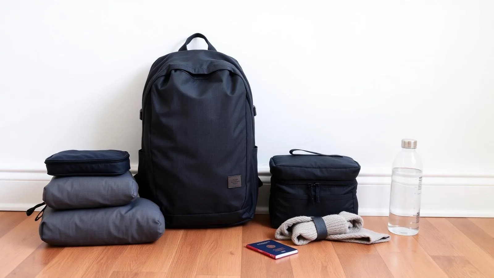 A carry-on sized women's travel backpack on a wooden floor beside packing cubes, a passport and a water bottle